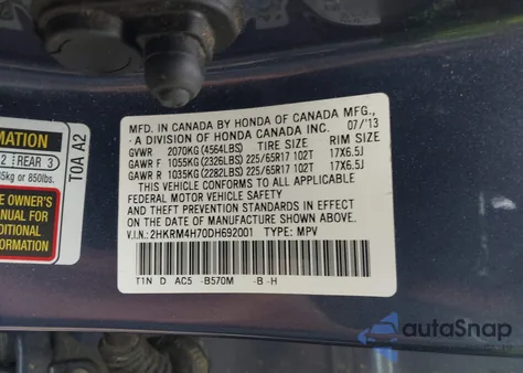 2013 Honda Cr-V Ex-L z USA, uszkodzony, nr VIN 2HKRM4H70DH692001